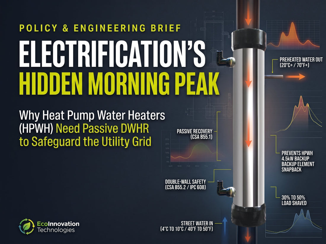 EcoInnovation policy brief: ThermoDrain DWHR unit reducing heat pump water heater (HPWH) winter morning grid peaks and shaving electrical backup element demand.