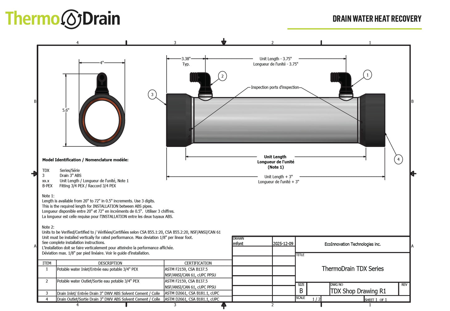 TDX Compact 24" Drain Water Heat Recovery (DWHR) - Crimp Pex